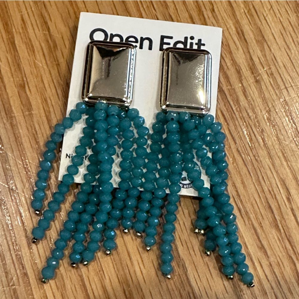Open Edit clip on teal beaded dangle earrings